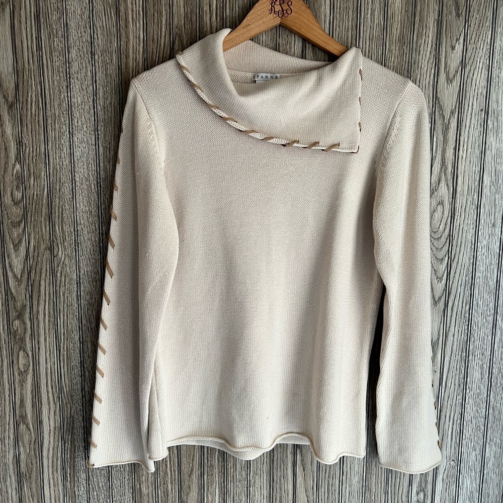 SPANNER Cream Tan Faux Leather Braided Hem Half Turtleneck Sweater Blouse Top